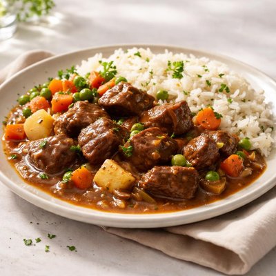 Beef stew with rice and vegetables