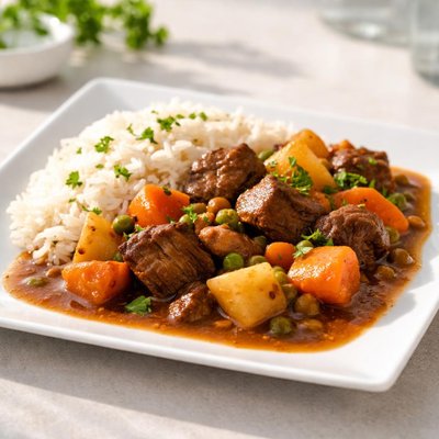 Beef stew with vegetables and rice