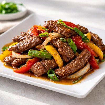 Beef stir-fry with bell peppers and onions