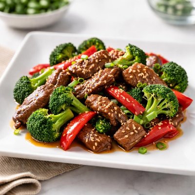 Beef stir-fry with broccoli and red bell peppers
