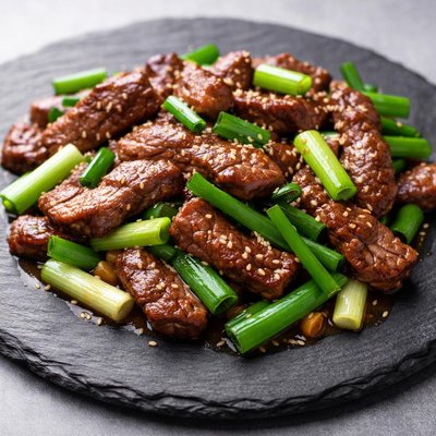 Beef stir-fry with green onions