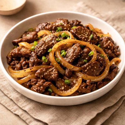 Beef stir-fry with onions