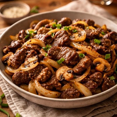 Beef stir-fry with onions and mushrooms