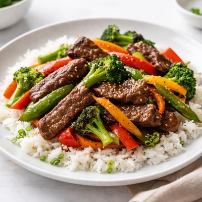 Beef stir-fry with vegetables and rice