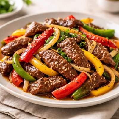 Beef stir fry with bell peppers and onions