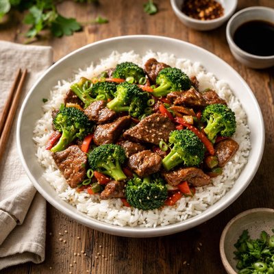 Beef stir fry with broccoli and rice
