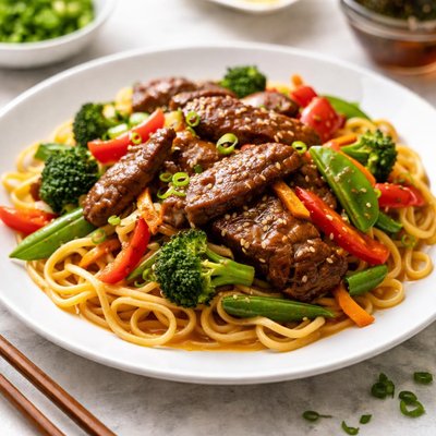 Beef stir fry with vegetables and noodles