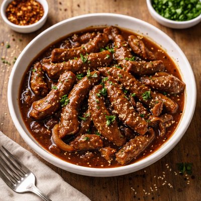 Beef strips in sauce