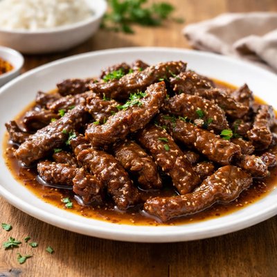 Beef strips with sauce