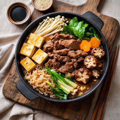 Beef sukiyaki with tofu and vegetables