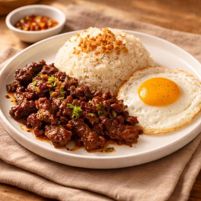 Beef tappa with rice and egg