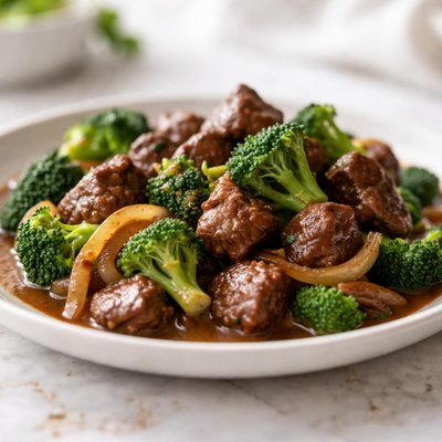 Beef tips with broccoli and onions