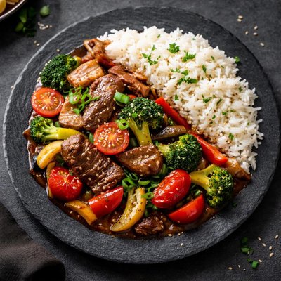 Beef tomato veg and rice