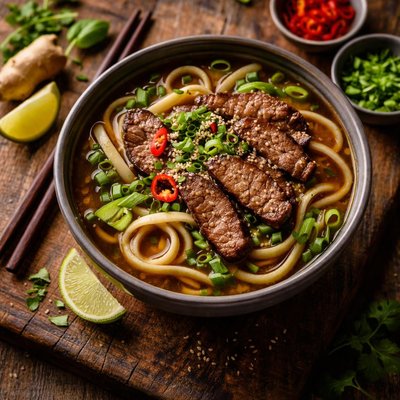 Beef udon noodle soup