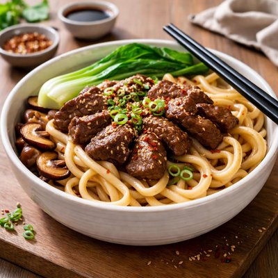 Beef udon noodles