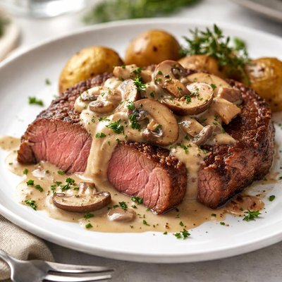 Beef with mushroom sauce