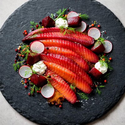 Beetroot and estate shiraz cured ocean trout
