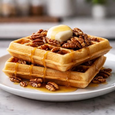 Belgian waffle with butter and pecans