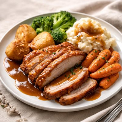 Belly pork roast dinner