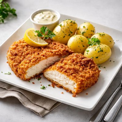 Bezlepkovy kureci obalovany rizek a brambor