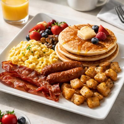 Big breakfast with pancakes