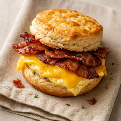Biscuit sandwich with bacon and cheese