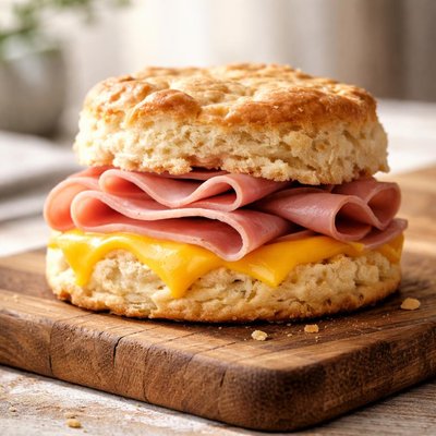 Biscuit sandwich with ham and cheese