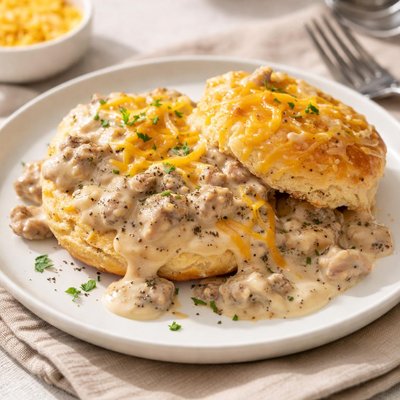 Biscuit with gravy and cheese