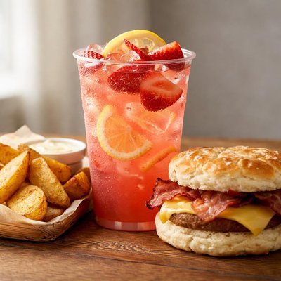 Biscuitville strawberry lemonade with potato wedges and ultimate bacon biscuit