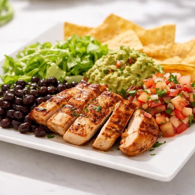 fagioli neri lattuga guacamole pico de gallo pollo alla griglia chips di mais
