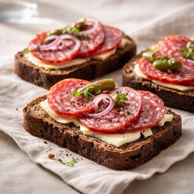 Black bread with salami