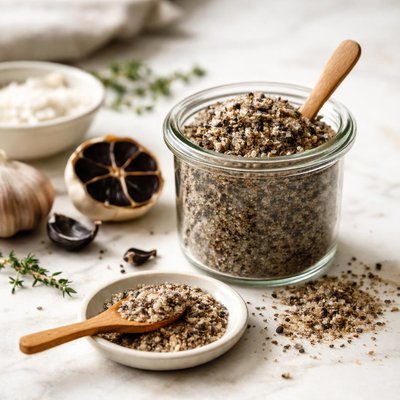 Black garlic finishing salt
