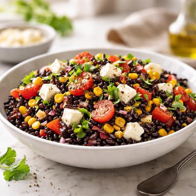 Black rice corn tomato cheese salad