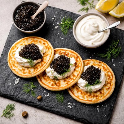 Blini with sour cream and caviar