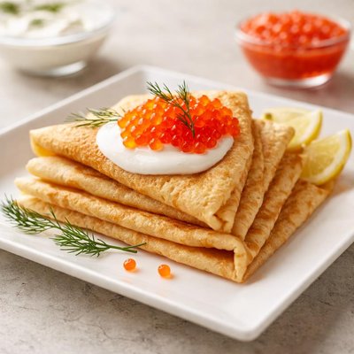 Blini with sour cream and red caviar