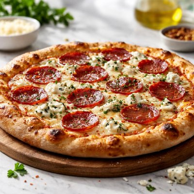 Blue cheese and peperoni pizza