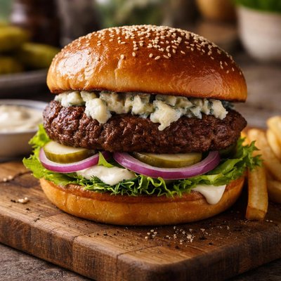 Blue chese burger with lettuce pickles onions mayo