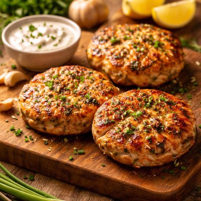 Blue circle garlic scallion salmon patty