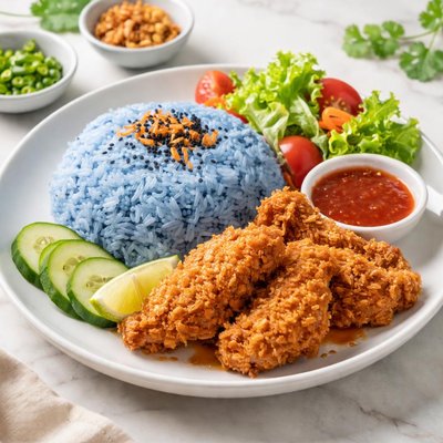 Blue rice with fried chicken