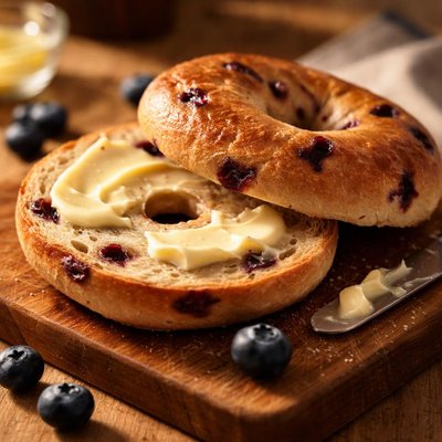 Blueberry bagel with butter