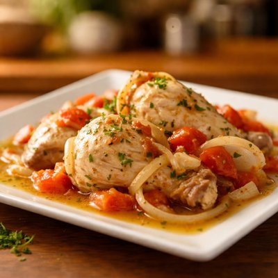 Boiled chicken with onions and tomatoes