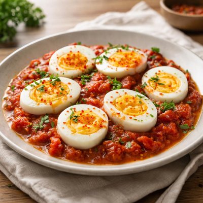 Boiled egg with tomato sauce