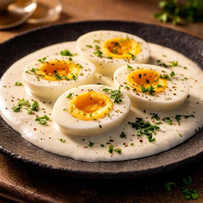 Boiled eggs in white sauce