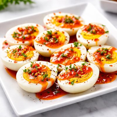 Boiled eggs with hot sauce