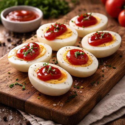 Boiled eggs with ketchup