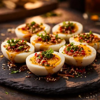 Boiled eggs with sauce