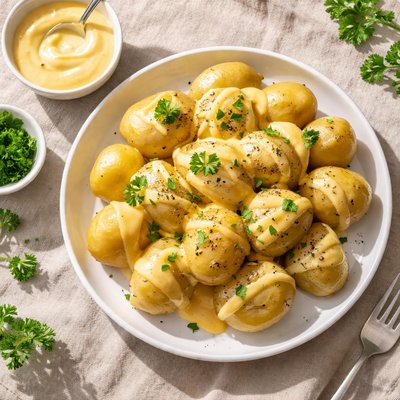 Boiled potatoes with cheese sauce