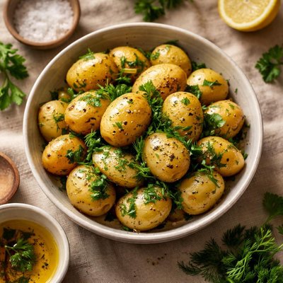 Boiled potatoes with greens