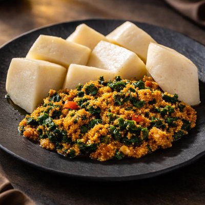 Boiled yam with melon and kale