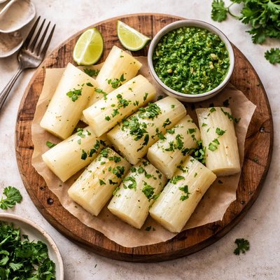Boiled yuca with green sauce